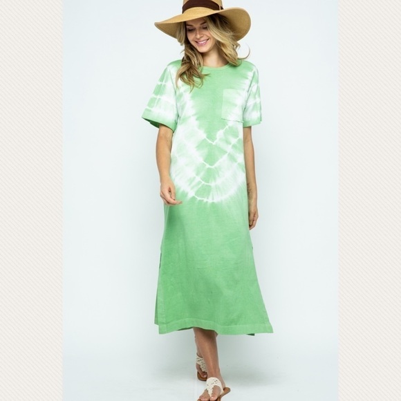 Sage Green Tie Dye Midi T-Shirt Dress - Picture 4 of 7